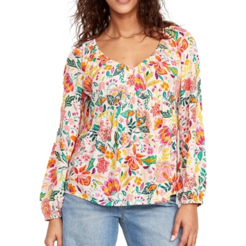 Old Navy Babydoll Top Crinkle Floral Size Large Long Sleeve Boho Spring
